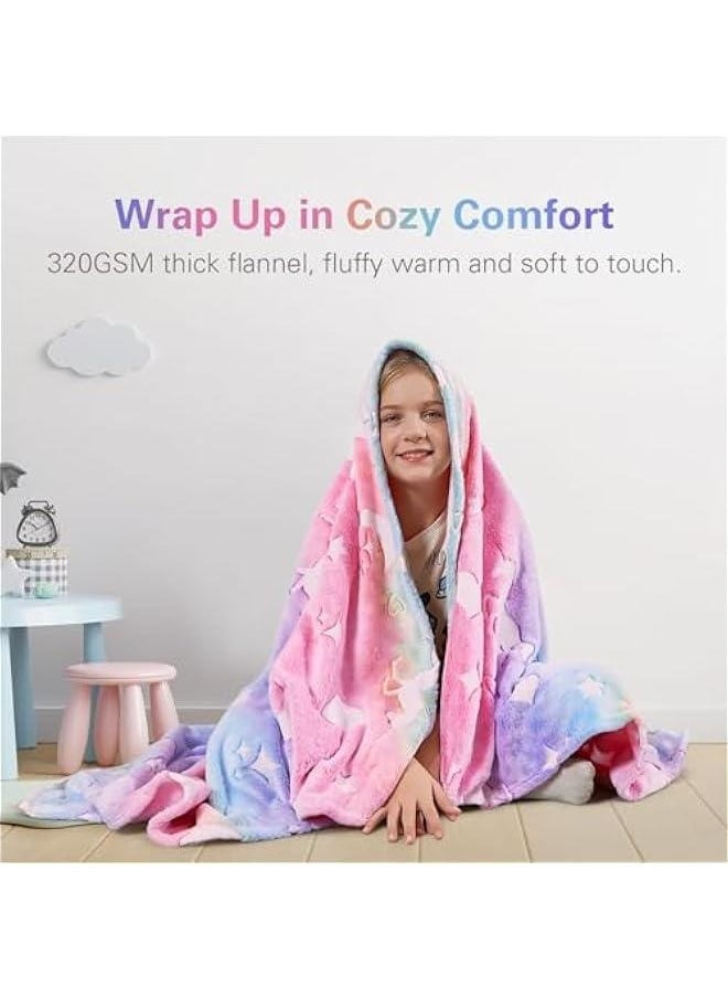 Glow in The Dark Blanket, Soft Kids Blanket for Girls Boys, Luminous Outer Space Blanket Spaceship Rockets Throw Blankets for Kids, Gifts for Girls Boys Teens, 50 x 60, Blue