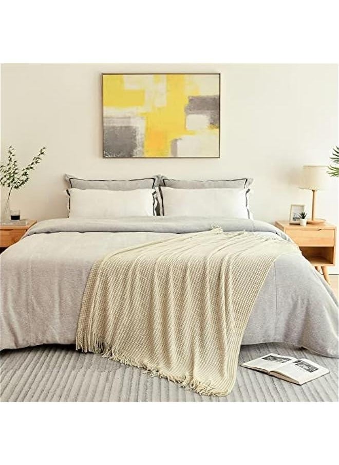 Knitted Throw Blanket for Couch,Soft Farmhouse Boho Fall Throw Blanket with Tassels,Home Decorative Lightweight, Beige Throws for Bed/Chair/Sofa, 50 W x 60 L