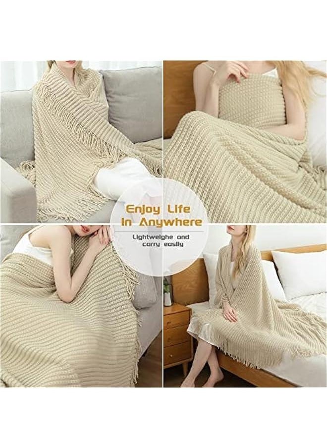 Knitted Throw Blanket for Couch,Soft Farmhouse Boho Fall Throw Blanket with Tassels,Home Decorative Lightweight, Beige Throws for Bed/Chair/Sofa, 50 W x 60 L