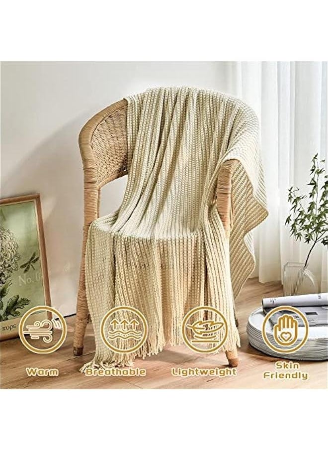 Knitted Throw Blanket for Couch,Soft Farmhouse Boho Fall Throw Blanket with Tassels,Home Decorative Lightweight, Beige Throws for Bed/Chair/Sofa, 50 W x 60 L