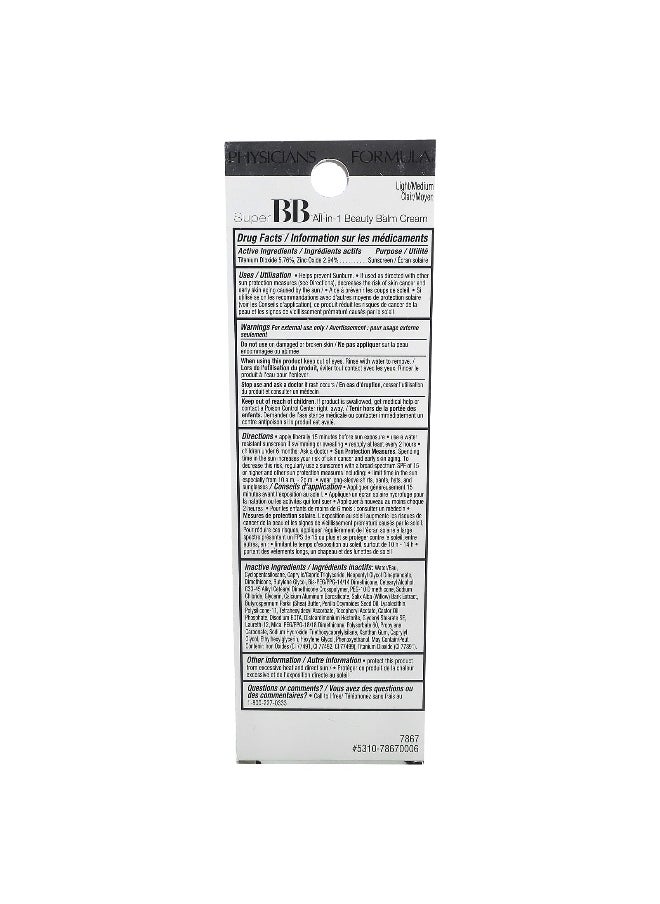 Physicians Formula, Super BB, All-in-1 Beauty Balm Cream, SPF 30, 7867 Light/Medium, 1.2 fl oz (35 ml)