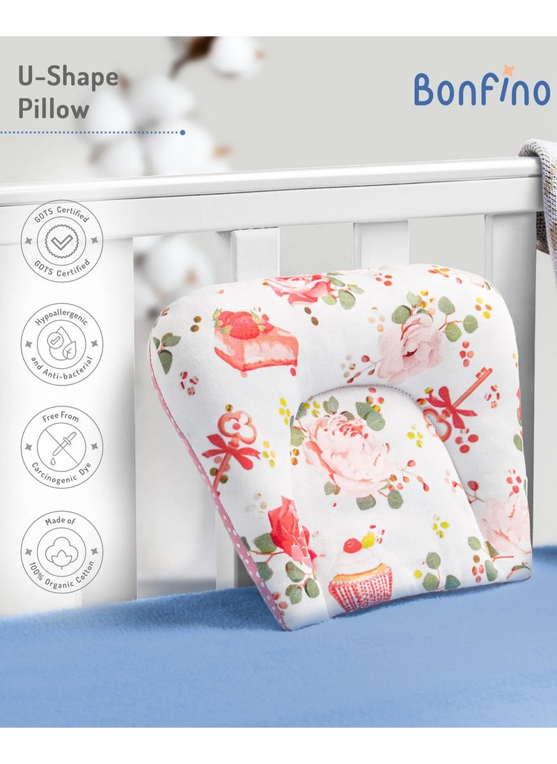 Bonfino Organic Cotton U-Shape Baby Pillow, Neck Support, Cupcake Printed, Utmost Comfort, Lightweight, 0 to 6 Months, 24 x 19cm