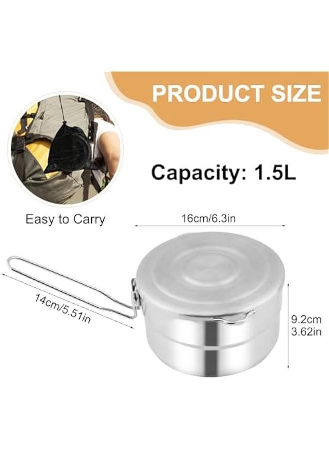 Stainless Steel Camping Cook Pot with Lid and Folding Handle Camping Cookware 1.5L Large Capacity Bento Pot for Camping, Hiking, Picnic