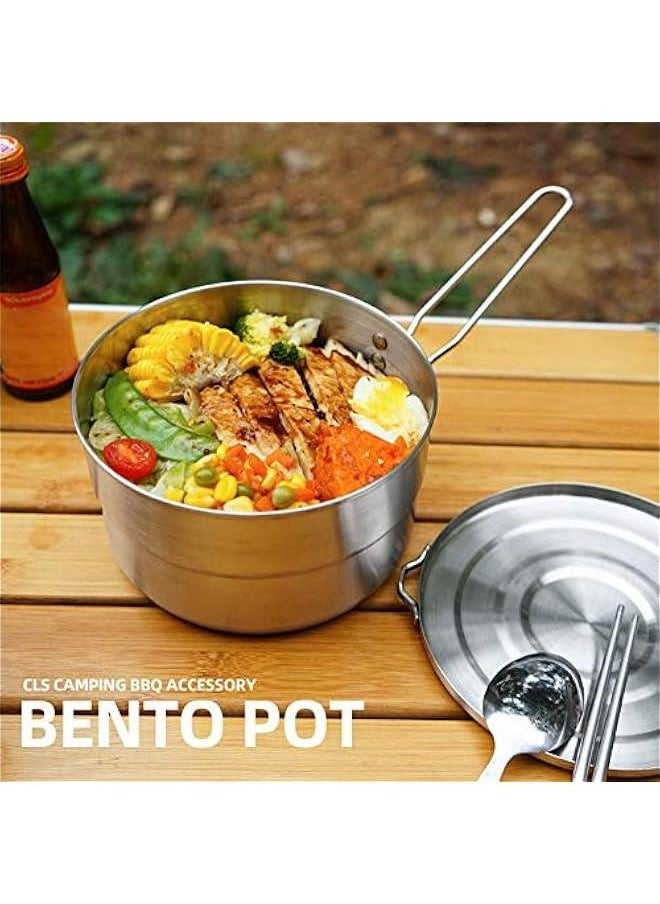 Stainless Steel Camping Cook Pot with Lid and Folding Handle Camping Cookware 1.5L Large Capacity Bento Pot for Camping, Hiking, Picnic