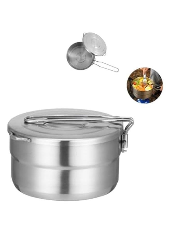 Stainless Steel Camping Cook Pot with Lid and Folding Handle Camping Cookware 1.5L Large Capacity Bento Pot for Camping, Hiking, Picnic
