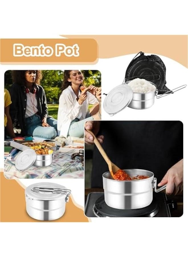 Stainless Steel Camping Cook Pot with Lid and Folding Handle Camping Cookware 1.5L Large Capacity Bento Pot for Camping, Hiking, Picnic