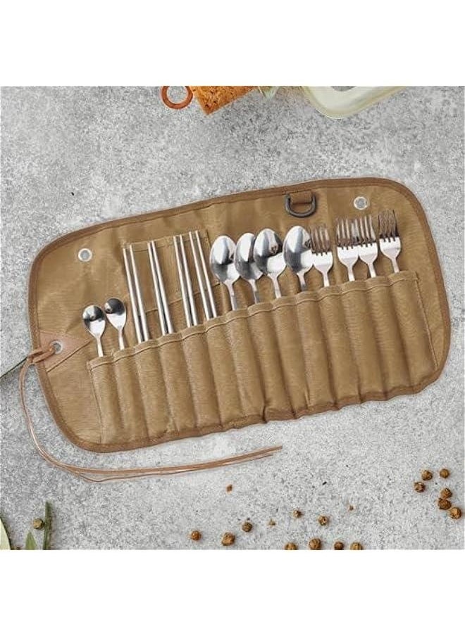 Outdoor Tableware Storage Bag, Flatware Organizers, Cutlery Roll Camping Utensil Bag for Barbecue, 14 Hole, 42cmx26.4cm