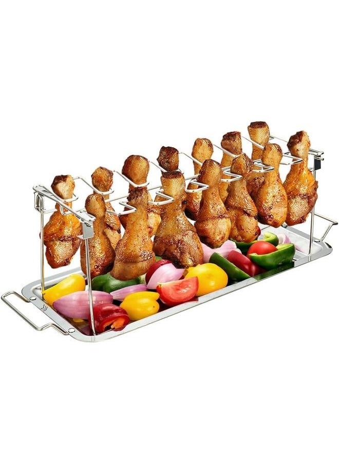 Chicken Leg Wing Rack 14 Slots Stainless Steel Metal Roaster Stand with Drip Tray for r Grill or Oven, Dishwasher Safe, Non-Stick