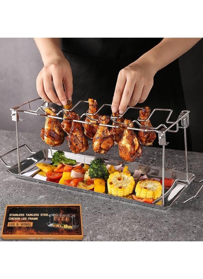 Chicken Leg Wing Rack 14 Slots Stainless Steel Metal Roaster Stand with Drip Tray for r Grill or Oven, Dishwasher Safe, Non-Stick