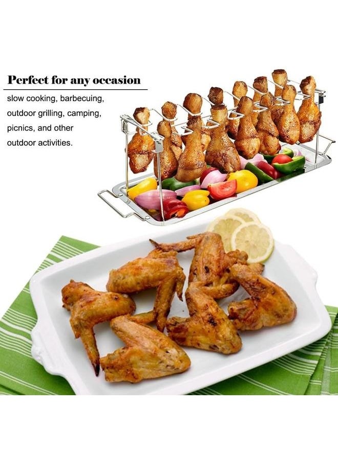 Chicken Leg Wing Rack 14 Slots Stainless Steel Metal Roaster Stand with Drip Tray for r Grill or Oven, Dishwasher Safe, Non-Stick