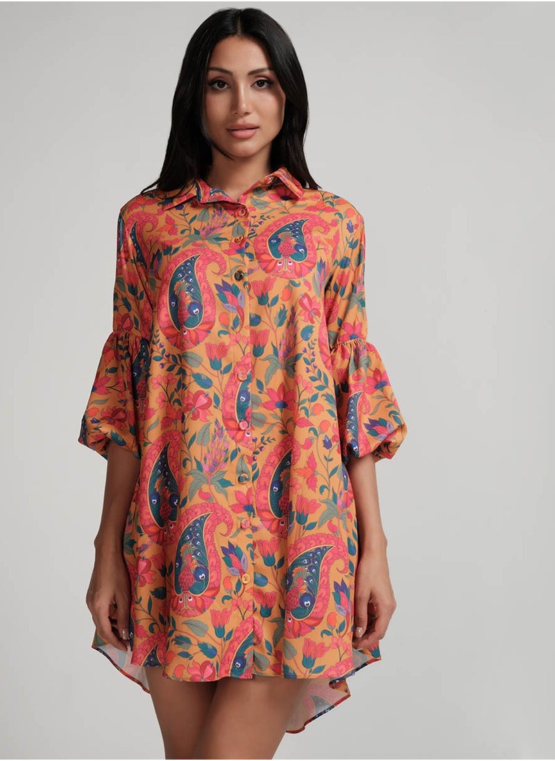 Puffed Sleeve Classic Collared Shirt Dress