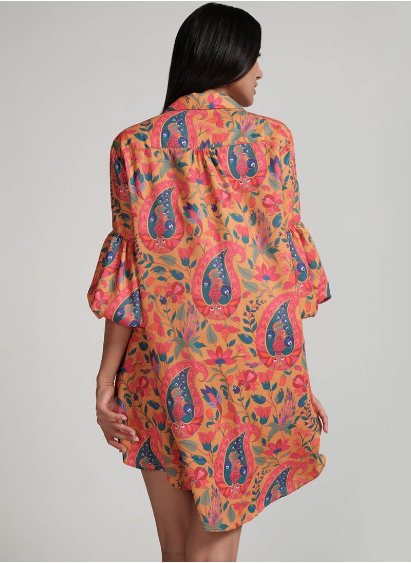Puffed Sleeve Classic Collared Shirt Dress