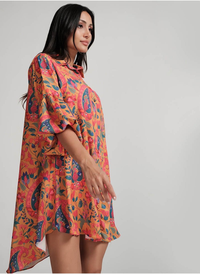 Puffed Sleeve Classic Collared Shirt Dress