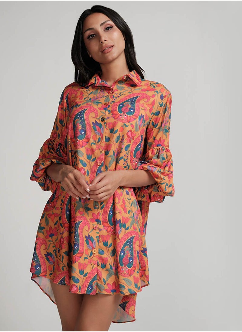 Puffed Sleeve Classic Collared Shirt Dress