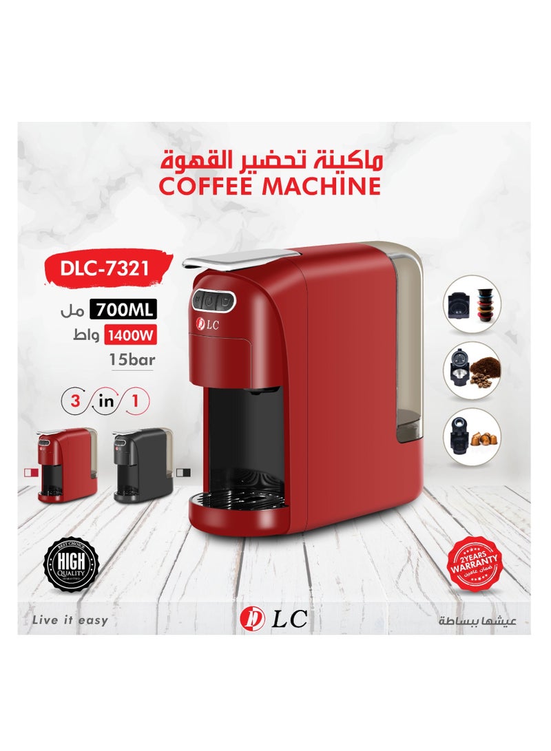 3-in-1 Coffee Machine (700ml, 1400W) – Espresso, Cappuccino & Latte Maker, 15 Bar Pressure, Compact, Durable & Easy to Use (Black) 700 ml 1400 W 7321 black