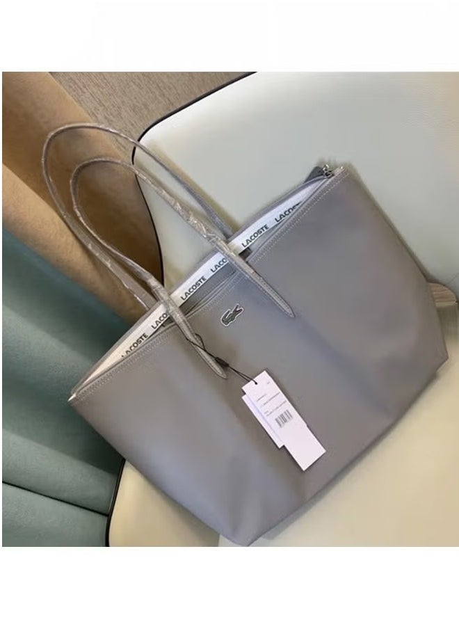 Lacoste Women's Concept Fashion Versatile Large Capacity Zipper Handbag Tote Bag Shoulder Bag Large Size Linen grey