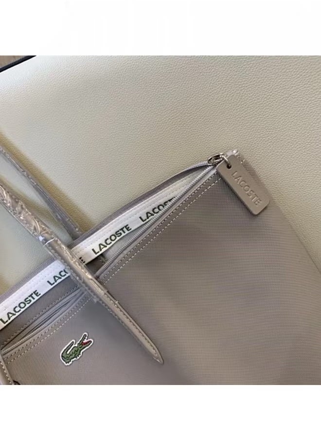 Lacoste Women's Concept Fashion Versatile Large Capacity Zipper Handbag Tote Bag Shoulder Bag Large Size Linen grey