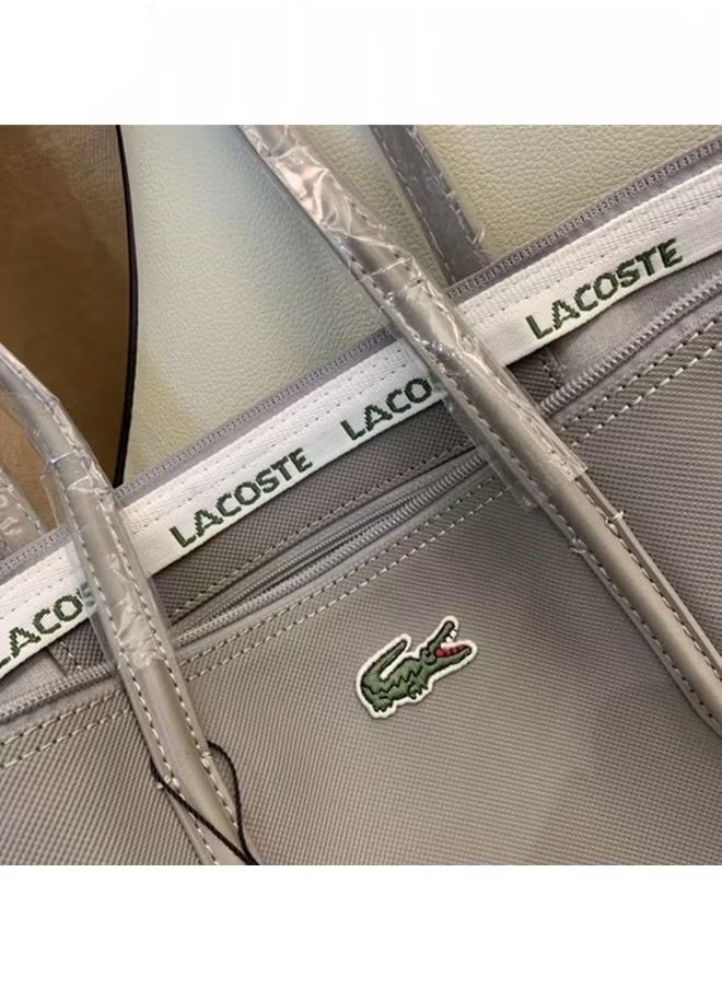 Lacoste Women's Concept Fashion Versatile Large Capacity Zipper Handbag Tote Bag Shoulder Bag Large Size Linen grey