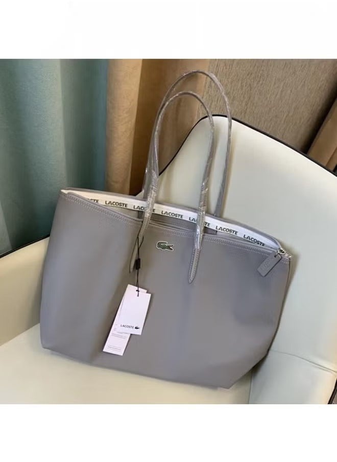 Lacoste Women's Concept Fashion Versatile Large Capacity Zipper Handbag Tote Bag Shoulder Bag Large Size Linen grey