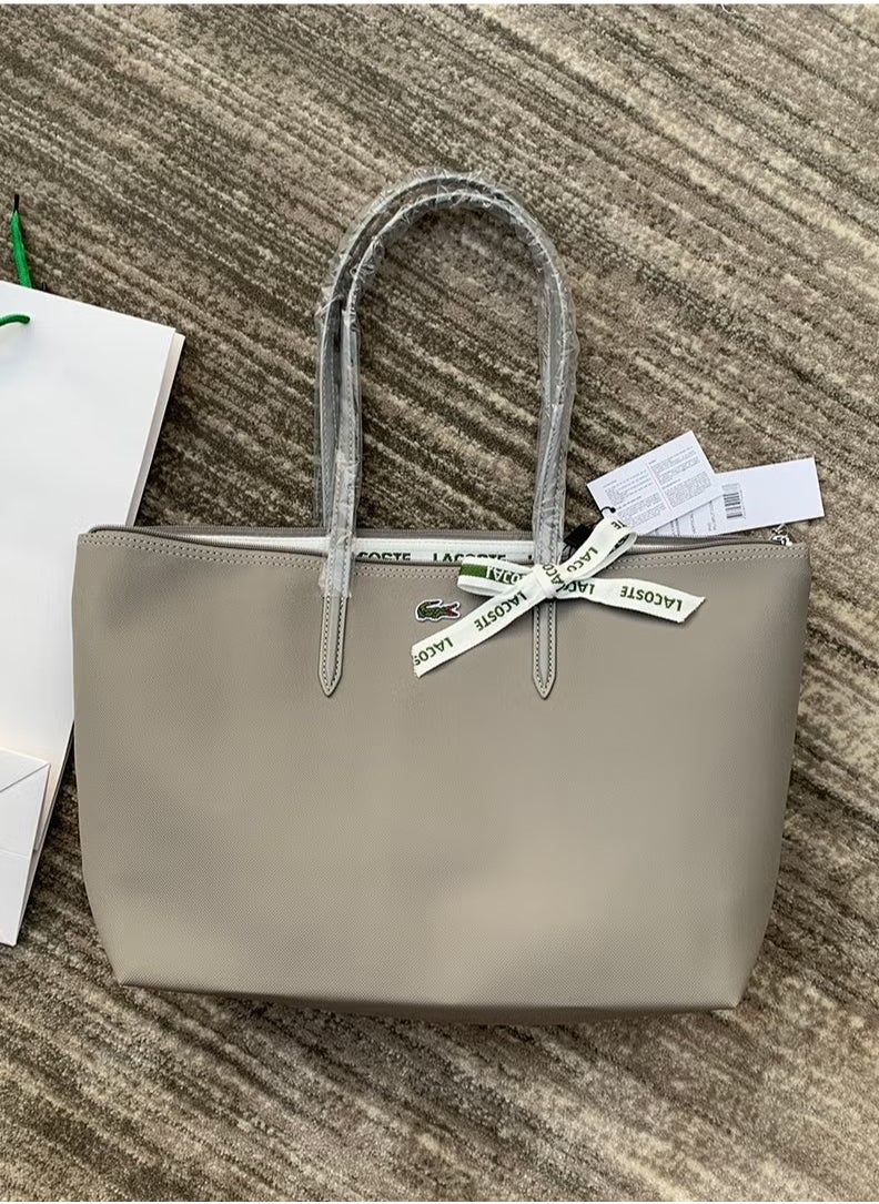 Lacoste Women's Concept Fashion Versatile Large Capacity Zipper Handbag Tote Bag Shoulder Bag Large Size Linen grey
