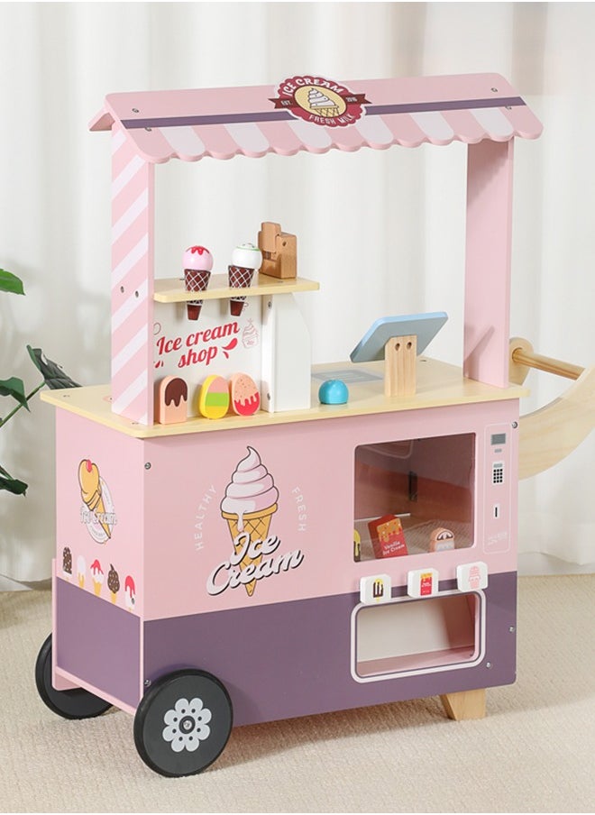 Dream Pink Wooden Children'S Mobile Ice Cream Shop Toy Car, Enjoy Sweet Play Fun