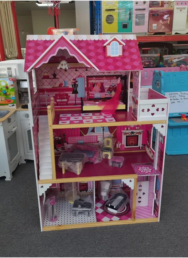 Big Size 3 Floors Role Pretend Playing Girl Pink Wooden Doll House Toy For Kids