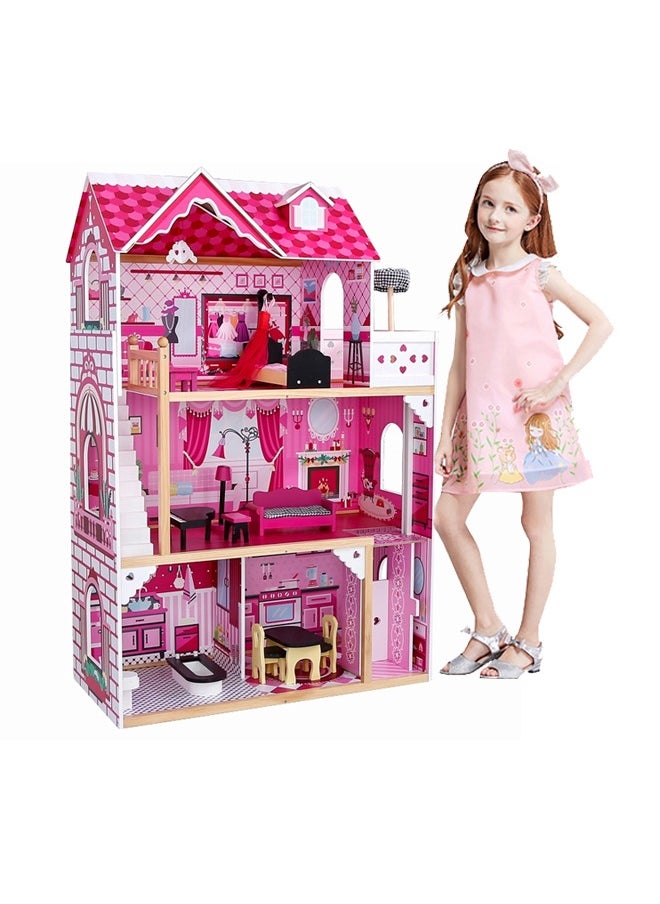 Big Size 3 Floors Role Pretend Playing Girl Pink Wooden Doll House Toy For Kids