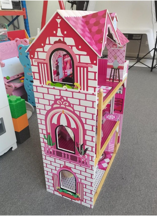 Big Size 3 Floors Role Pretend Playing Girl Pink Wooden Doll House Toy For Kids