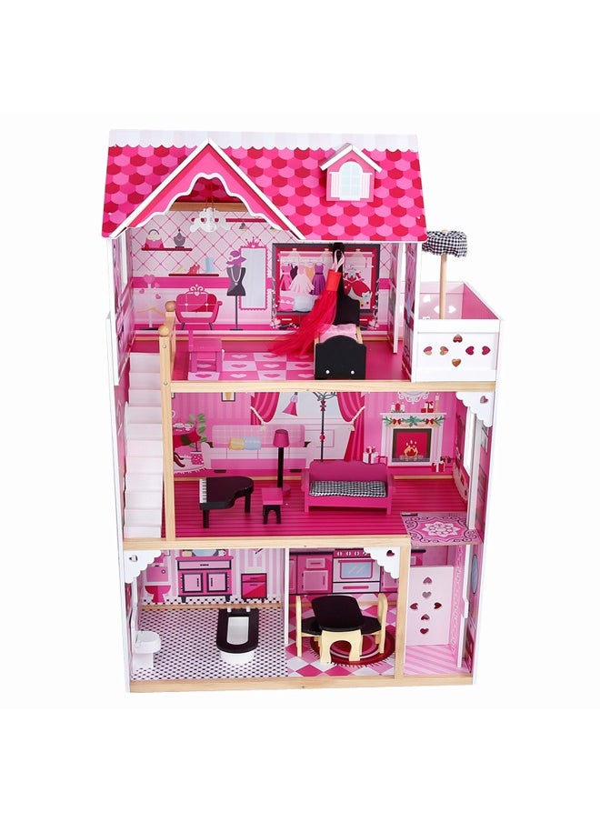 Big Size 3 Floors Role Pretend Playing Girl Pink Wooden Doll House Toy For Kids