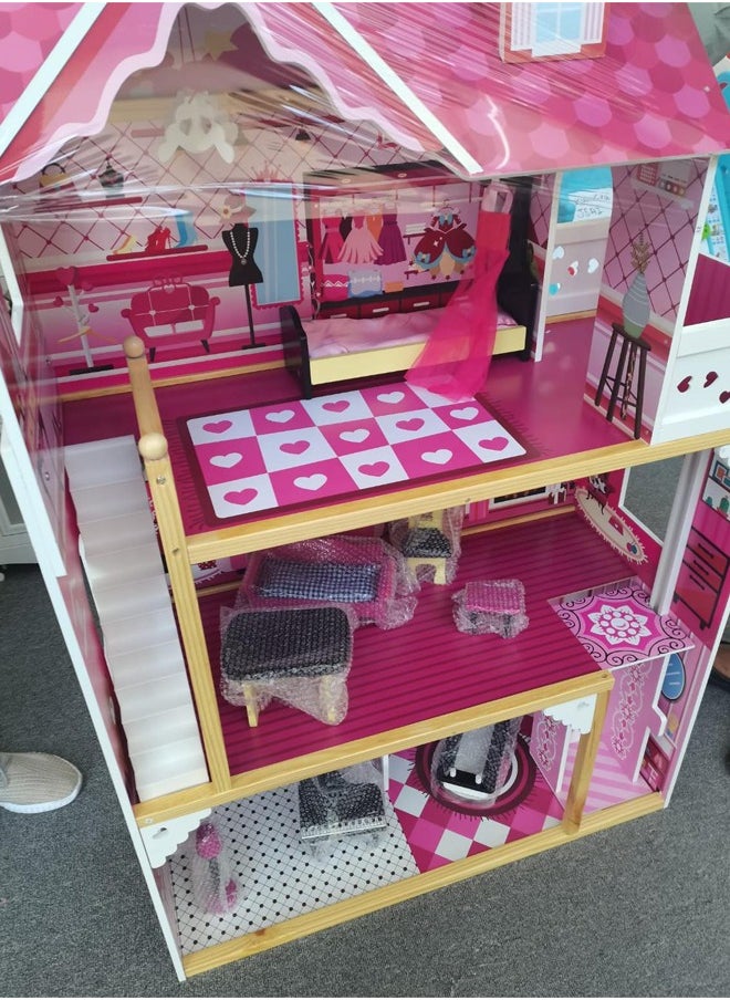 Big Size 3 Floors Role Pretend Playing Girl Pink Wooden Doll House Toy For Kids