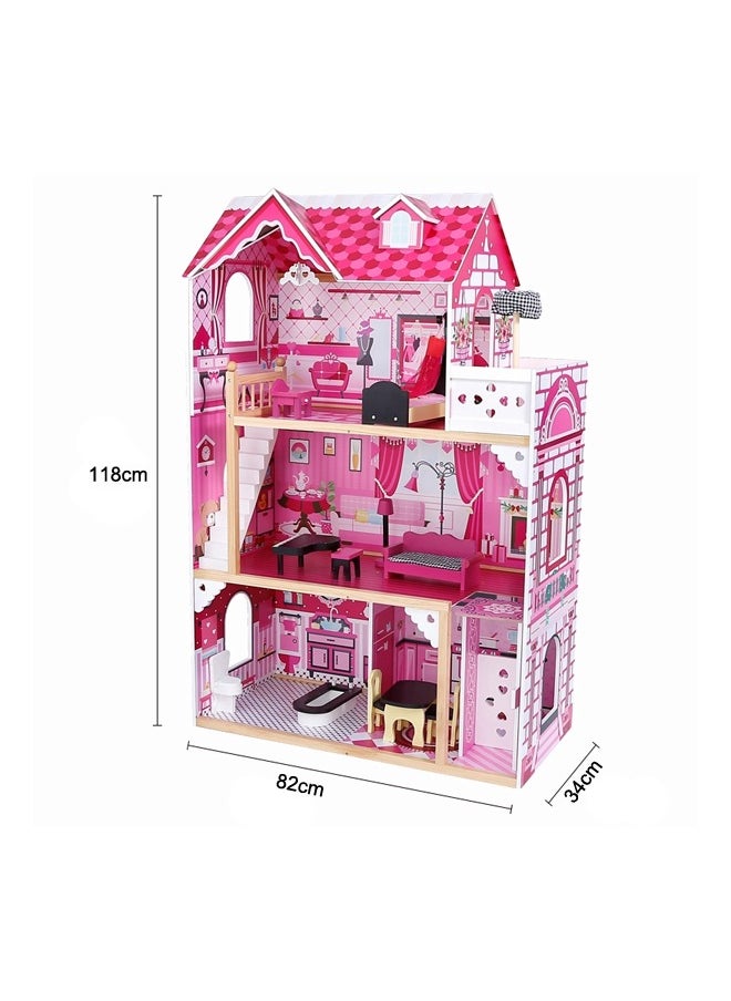 Big Size 3 Floors Role Pretend Playing Girl Pink Wooden Doll House Toy For Kids