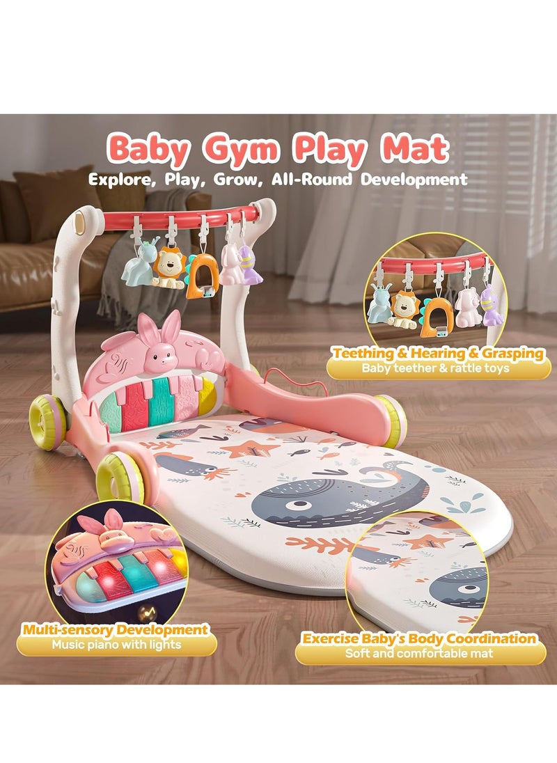 3 in 1 Baby Play Mat Gym, Kick and Play Piano Gym with Music Light, Activity Tummy Time Play mat with 5 Learning Sensory Toys, Infant Gifts for Newborn Baby Toddler 0-14 Months