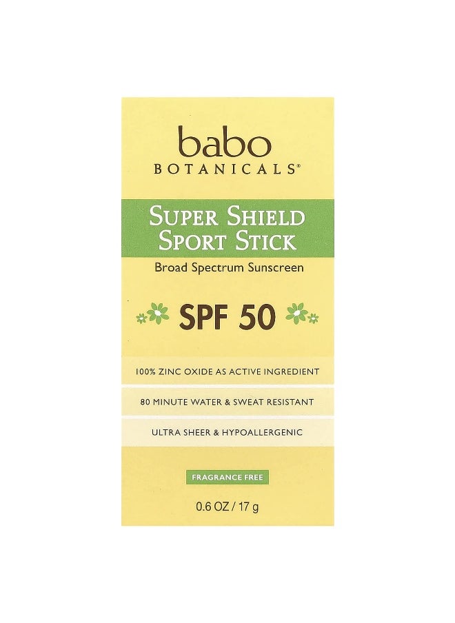 Babo Botanicals, Super Shield Sport Stick, SPF 50, Fragrance Free, 0.6 oz (17 g)