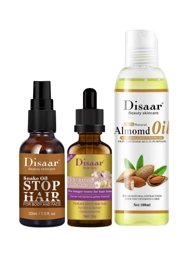 DISAAR BEAUTY Snake Oil Stop Hair Remover Body Face Spray, ure Natural Almond Oil 100ml and Hair Growth Essential Oil GINGER