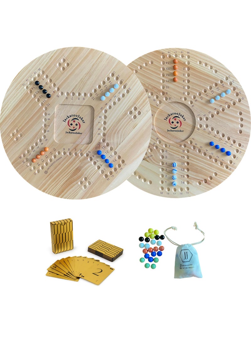 JackarooJoker Solid Pine Wooden Board Game, Double-Sided, 4-6 Players, with Marbles and Cards, Ages 10+ (With Gold Card)
