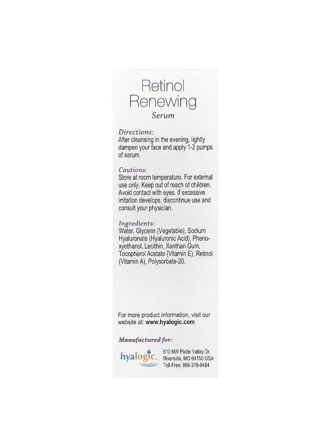 Hyalogic, Retinol Renewing Serum with Hyaluronic Acid & Vitamin E, Fragrance Free, 0.47 fl oz (13.5 ml)