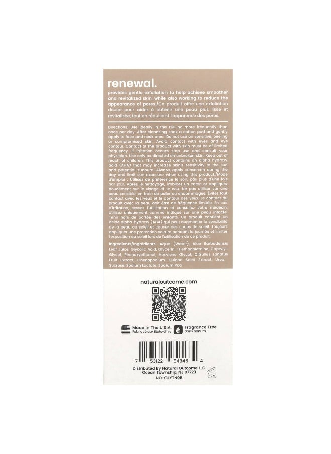 Natural Outcome, Glycolic, Renewal Exfoliating Toner, Fragrance Free, 8 oz (235 ml)