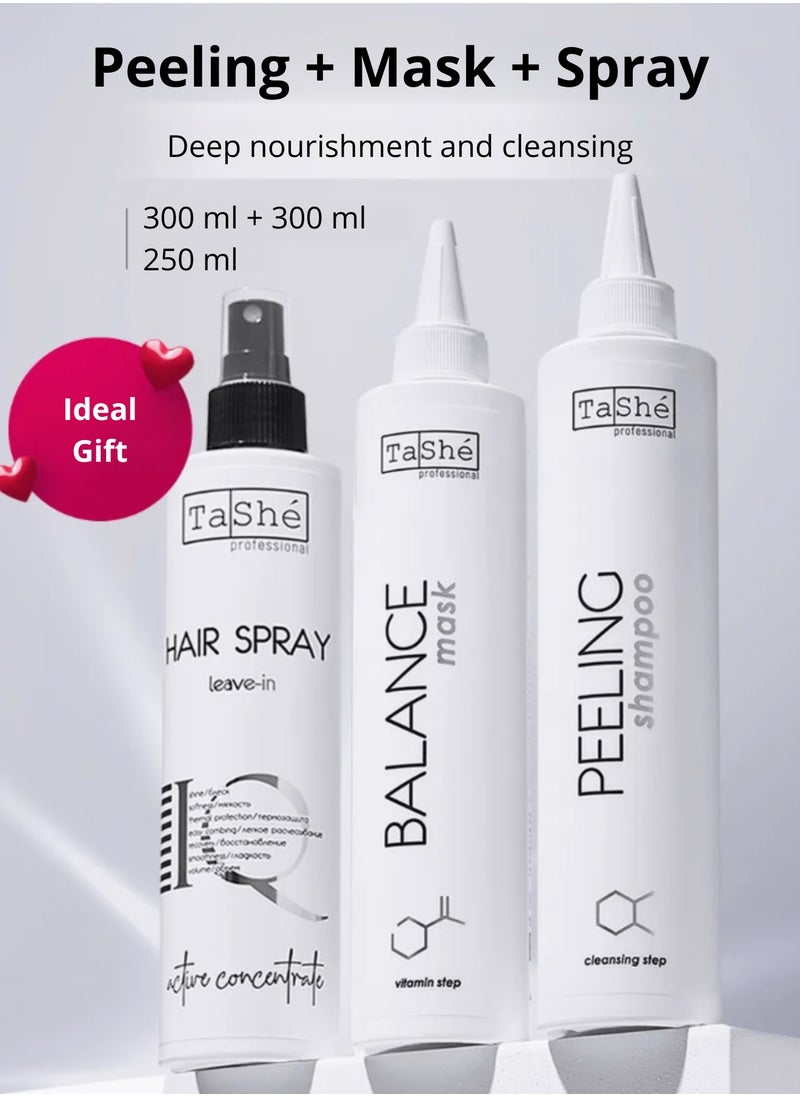 3-in-1 Hair Care Set - Peeling Shampoo, Restorative Nourishing Mask & Thermal Protection Spray – Intensive Hydration, Scalp & Hair Treatment