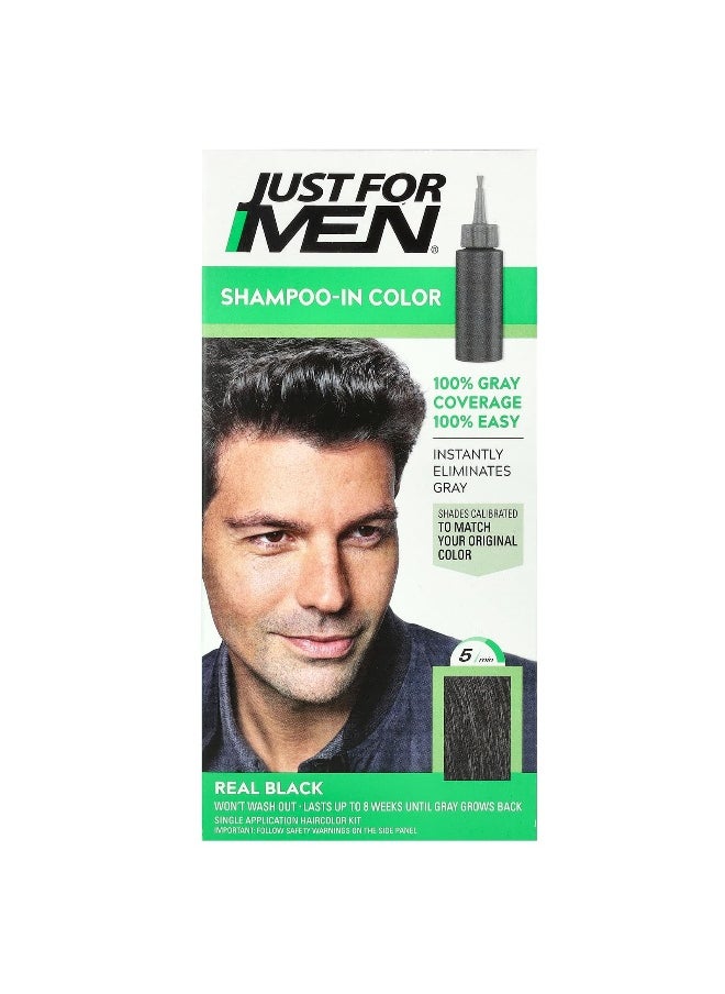 Just for Men, Shampoo-In-Color, Real Black H-55, Single Application Haircolor Kit