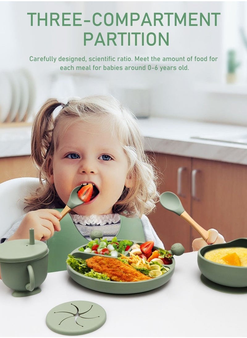 9 Piece Baby Feeding Set Baby Led Weaning Feeding Supplies for Toddlers Suction Silicone Baby Bowl Self Eating Utensils with Spoons, Bibs, Cup and Infant Suction Plate with Lid