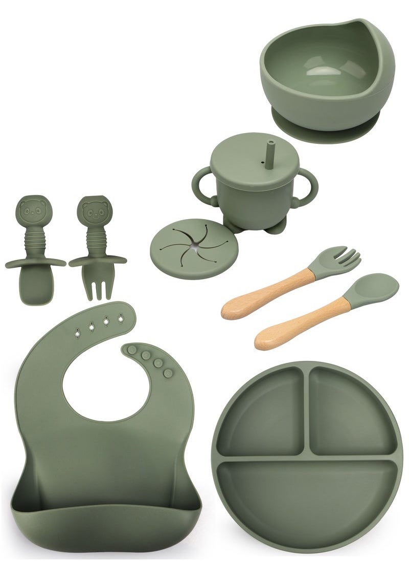 9 Piece Baby Feeding Set Baby Led Weaning Feeding Supplies for Toddlers Suction Silicone Baby Bowl Self Eating Utensils with Spoons, Bibs, Cup and Infant Suction Plate with Lid