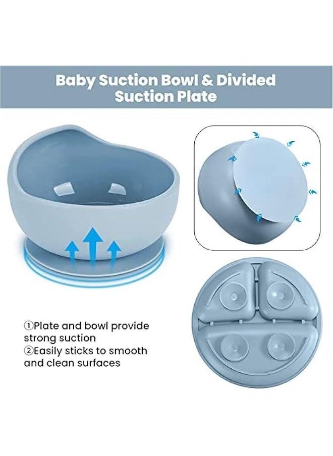8 Piecesbaby Feeding Set - Suction Bowl, Divided Plates, Straw Sippy Cup, Adjustable Bib, Soft Spoon Fork