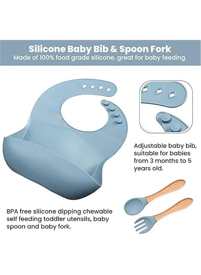 8 Piecesbaby Feeding Set - Suction Bowl, Divided Plates, Straw Sippy Cup, Adjustable Bib, Soft Spoon Fork
