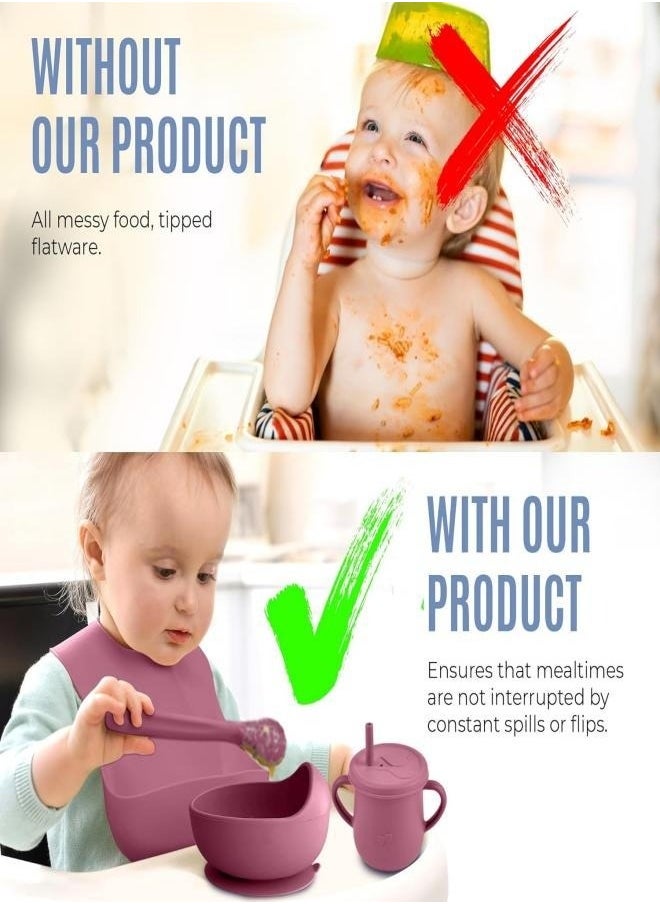 Silicone Baby Feeding Set, 9 Piece Baby Led Weaning Supplies, Baby Toddler Bib Cup Divided Plate and Bowl Self Feeding Spoons Dish Set, Baby Eating Utensils, Toddler Feeding Supplies