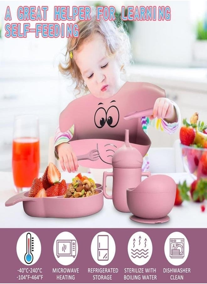 Silicone Baby Feeding Set, 9 Piece Baby Led Weaning Supplies, Baby Toddler Bib Cup Divided Plate and Bowl Self Feeding Spoons Dish Set, Baby Eating Utensils, Toddler Feeding Supplies