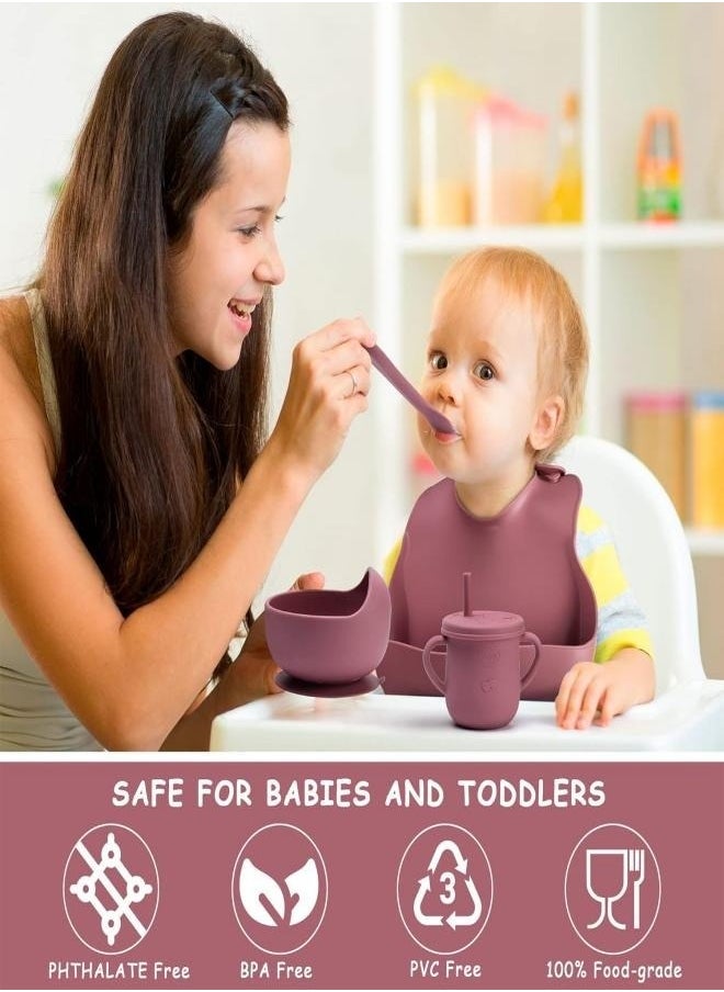 Silicone Baby Feeding Set, 9 Piece Baby Led Weaning Supplies, Baby Toddler Bib Cup Divided Plate and Bowl Self Feeding Spoons Dish Set, Baby Eating Utensils, Toddler Feeding Supplies