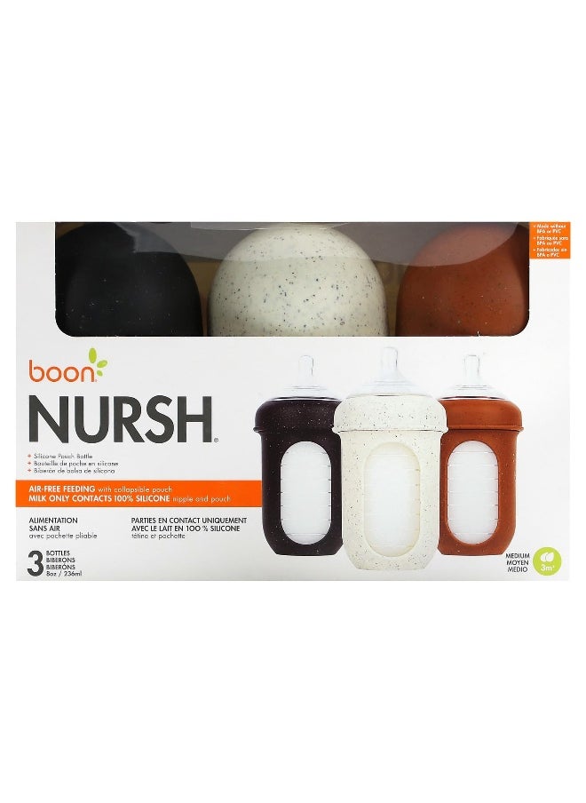 Boon, Nursh, Silicone Pouch Bottle, Medium, 3 Months +, 3 Bottles, 8 oz (236 ml) Each
