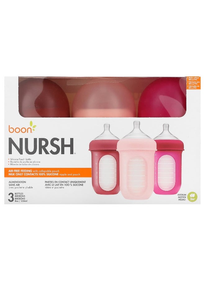 Boon, Nursh, Silicone Pouch Bottle, 3m+, Medium, 3 Bottles, 8 oz (236 ml) Each