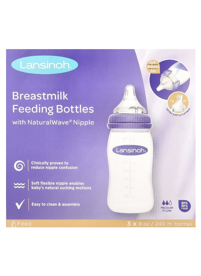 Lansinoh, Breastmilk Feeding Bottles with NaturalWave® Nipple, Medium Flow, 3 Bottles, 8 oz (240 ml) Each