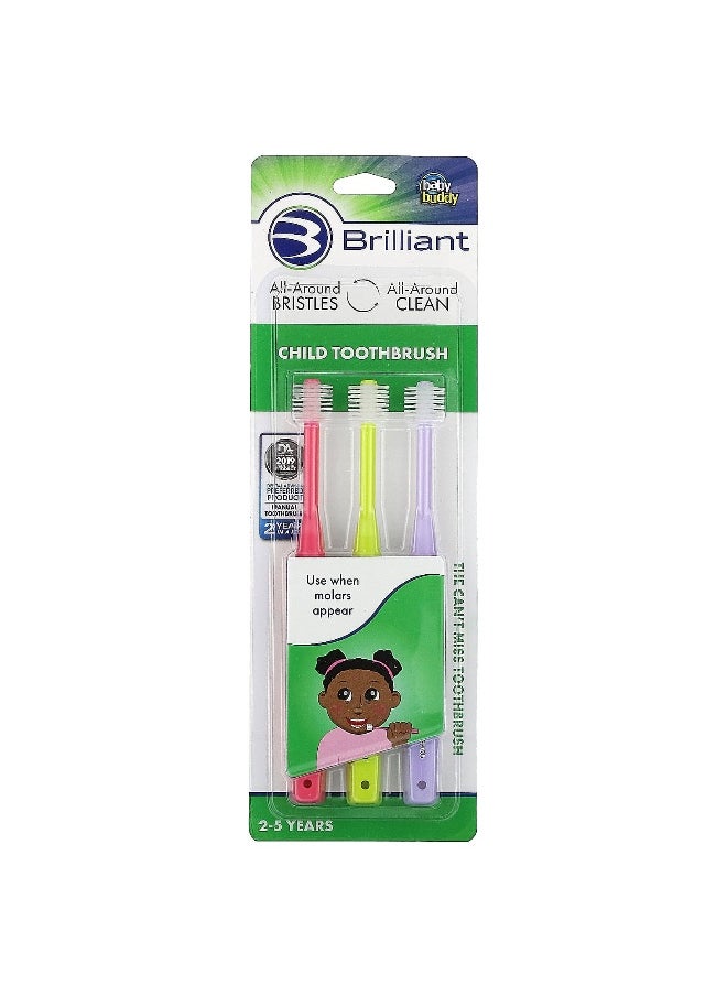 Baby Buddy, Brilliant, Child Toothbrush, 2- 5 Years, Pink, Yellow, Purple, 3 Toothbrushes